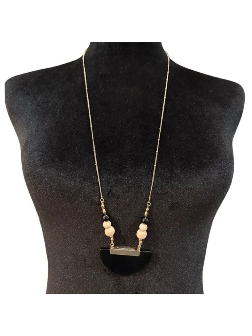 Meghan Browne Style Long Gold Chain Necklace With Black Semi-Circle Pendant